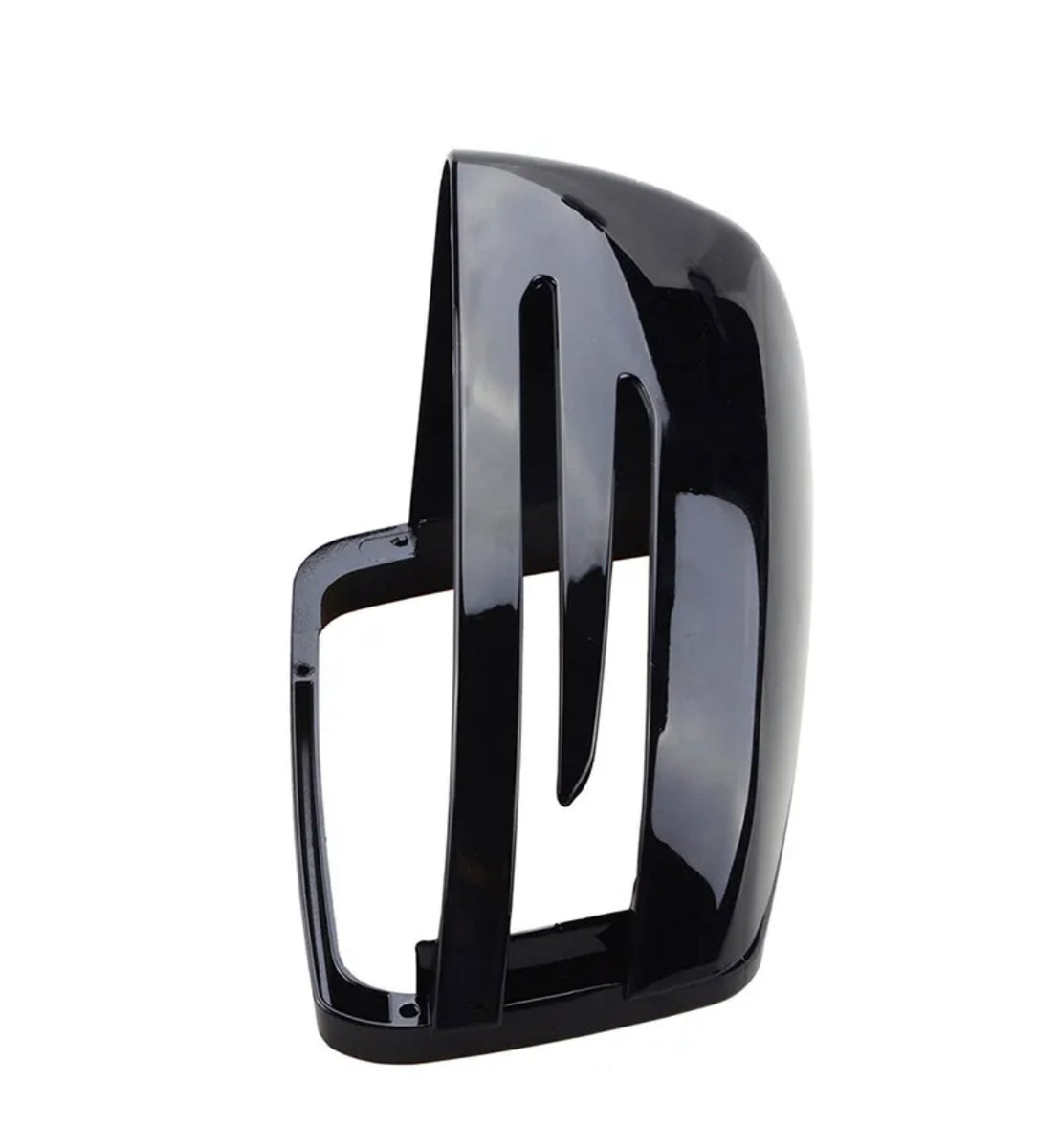 A glossy black plastic car accessory, shaped like an aerodynamic side mirror cover with elongated slots, stands upright against a plain white background.
