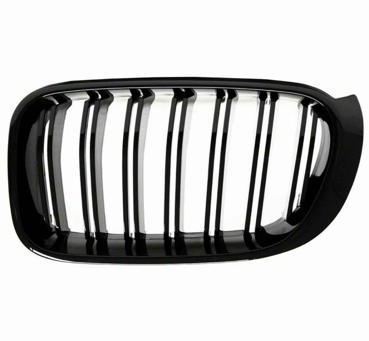 A black, rectangular car grille features multiple vertical slats. It is isolated against a white background, showcasing its glossy finish and curved edges.