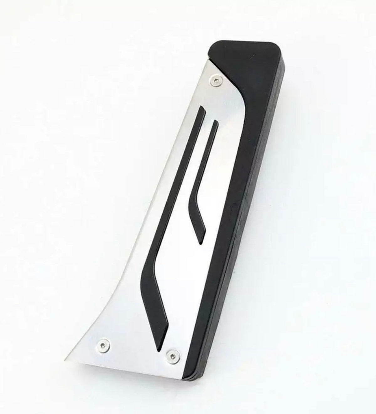 A metallic utility scraper with a black ergonomic grip rests on a white surface. Its sleek design features two screws near the edge, providing a secure hold.