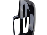 The object is a black, glossy car side mirror cover with three vertical slits, shown on a white background, highlighting its sleek design and aerodynamic features.