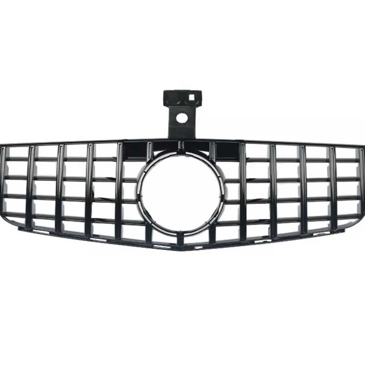 A black car grille with a rectangular grid pattern and central circular opening, positioned horizontally on a white background.