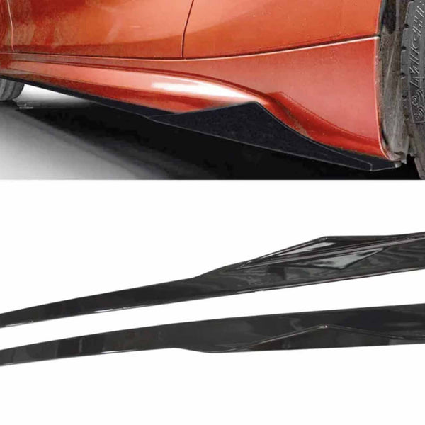 Black side skirts are shown being installed on the lower side body of a red car. The background features a white surface and a zoomed-in view of the car tire.