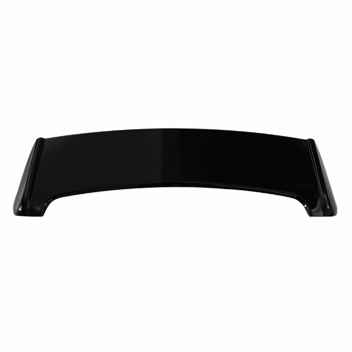 A black, curved object resembling a car spoiler or aerodynamic component, resting against a plain white background.