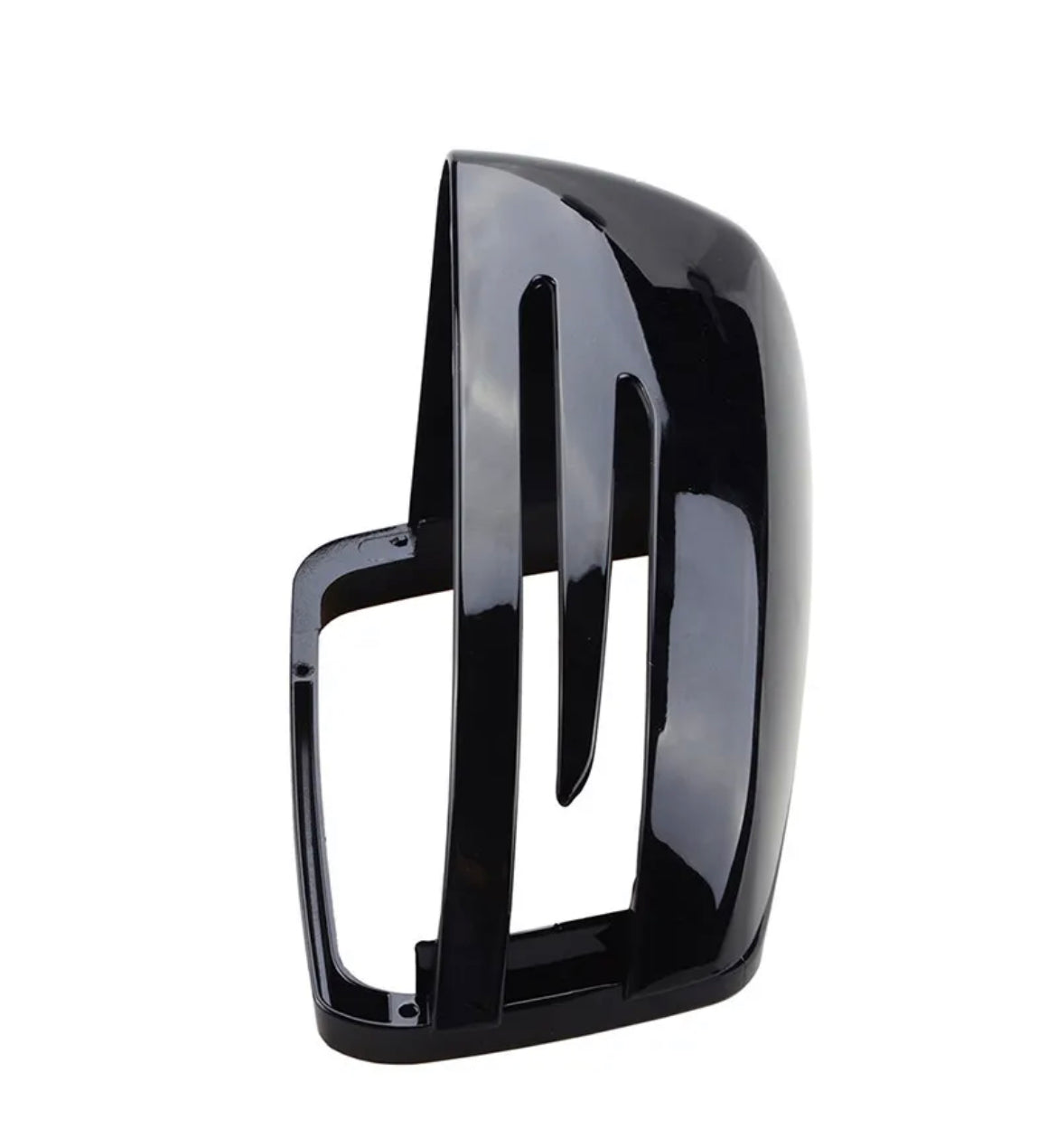A glossy black car mirror cover with vertical slots, standing upright. The sleek, aerodynamic design suggests it is part of a modern vehicle's side mirror.