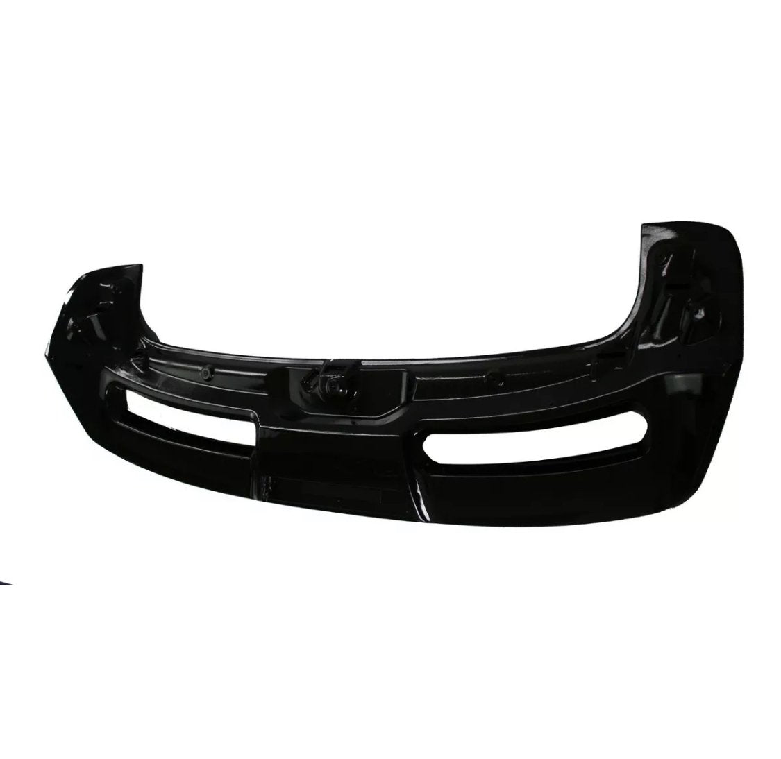 A black car bumper rests upright on a plain white background, featuring two rectangular cutouts and a sleek, curved design.