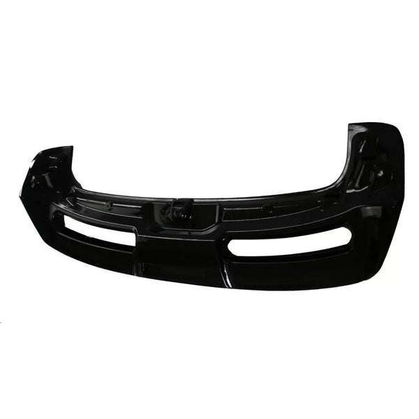 A black car bumper rests upright on a plain white background, featuring two rectangular cutouts and a sleek, curved design.