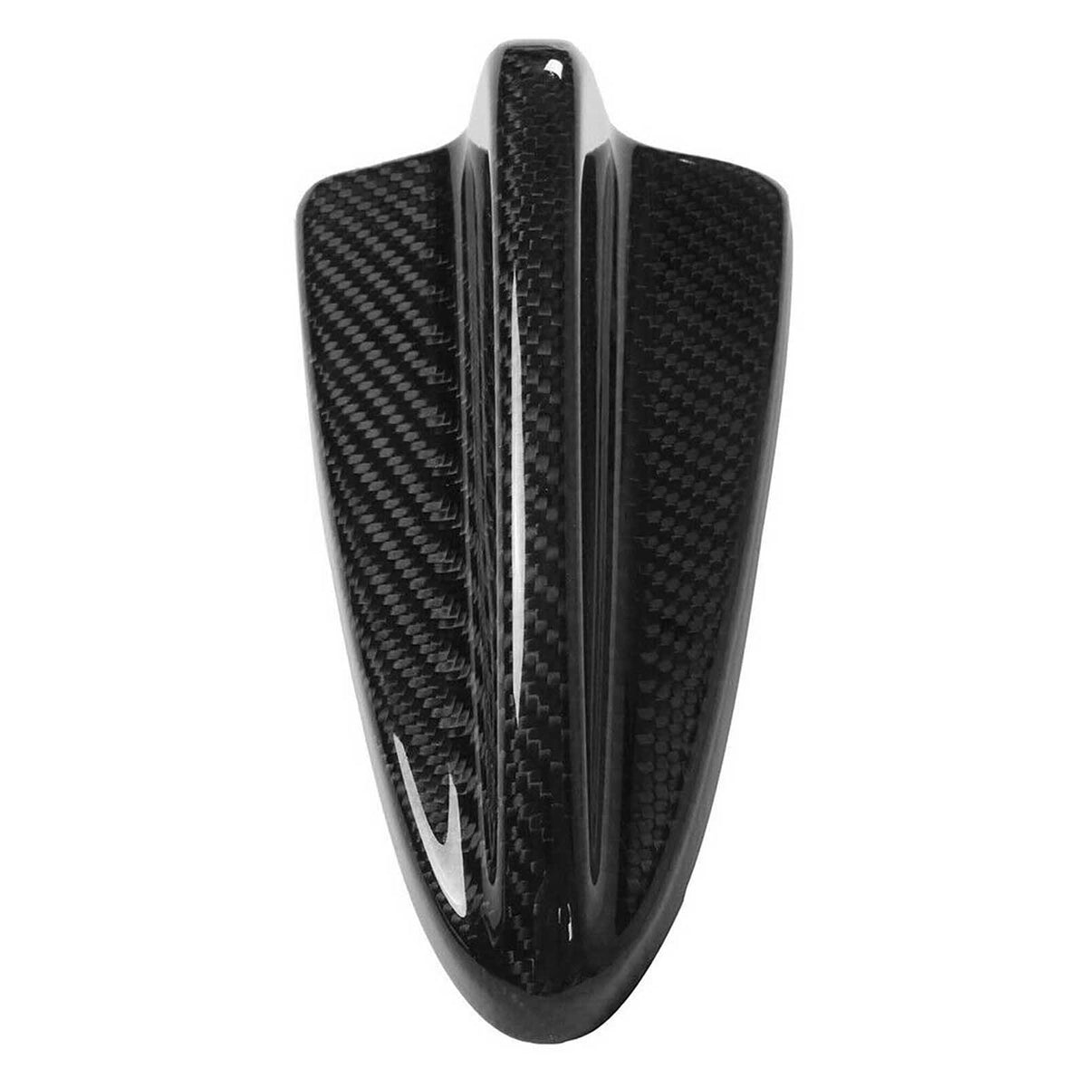A sleek carbon fiber bike fender with a glossy surface, featuring a central ridge, rests against a plain white background, emphasizing its aerodynamic shape.