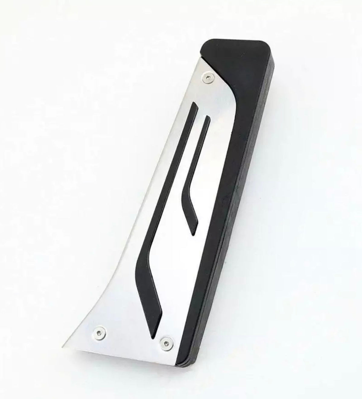 A sleek, rectangular black and silver metal object with two screws, resembling a minimalist tool, lies on a white surface. The design features smooth curves and sharp edges.