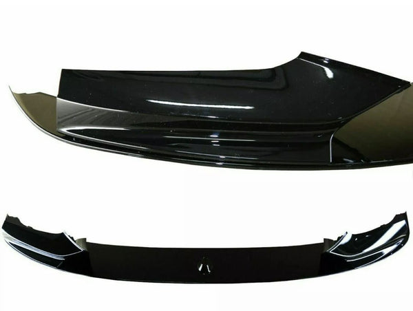 A glossy black car spoiler resting on a plain white background, showcasing its aerodynamic curve and reflective surface, seen from two angles: side and front.