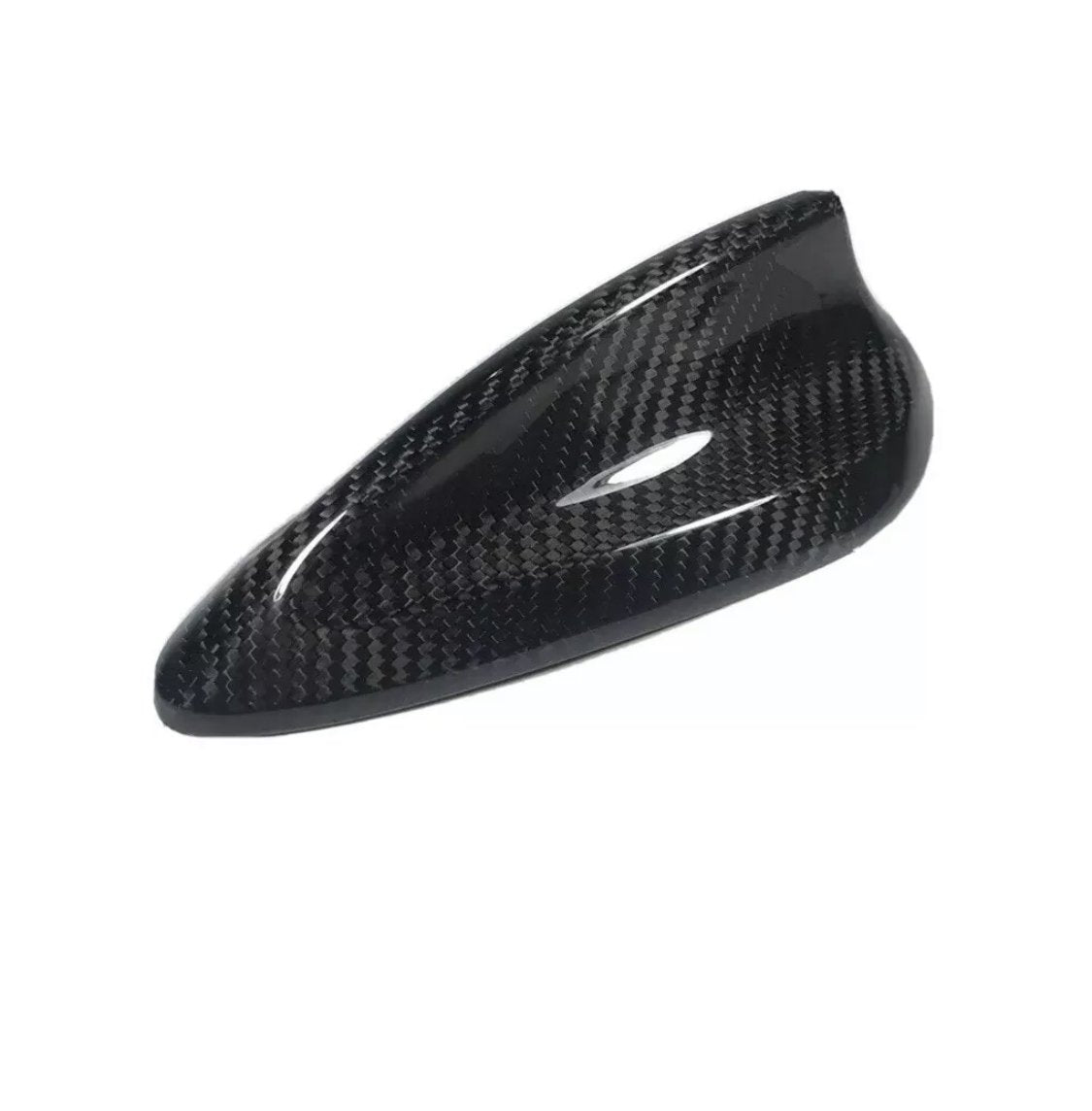 Carbon fiber car mirror cover; sleek and glossy, with a textured, woven pattern reflecting light. The cover rests against a plain white background, emphasizing its aerodynamic design.