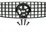 A black vehicle grille with a lattice design includes four mounting brackets below. The grille features a central circular emblem space, set against a plain background.
