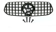 A black vehicle grille with a lattice design includes four mounting brackets below. The grille features a central circular emblem space, set against a plain background.