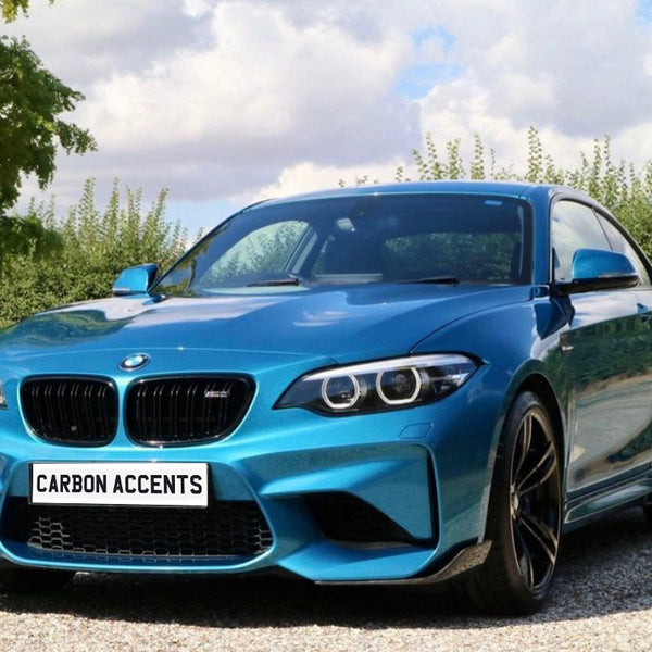 A blue sports car is parked on a gravel driveway with greenery and trees in the background. The license plate reads "CARBON ACCENTS."
