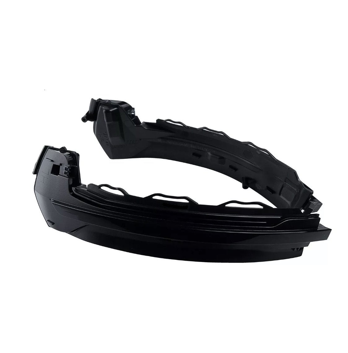Black, curved car headlight assembly with sleek design, positioned diagonally. It features intricate detailing and mounting brackets, set against a plain white background.