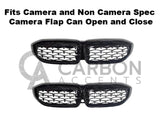 Grille inserts with crosshatch pattern are shown against a white background. Text reads, 
