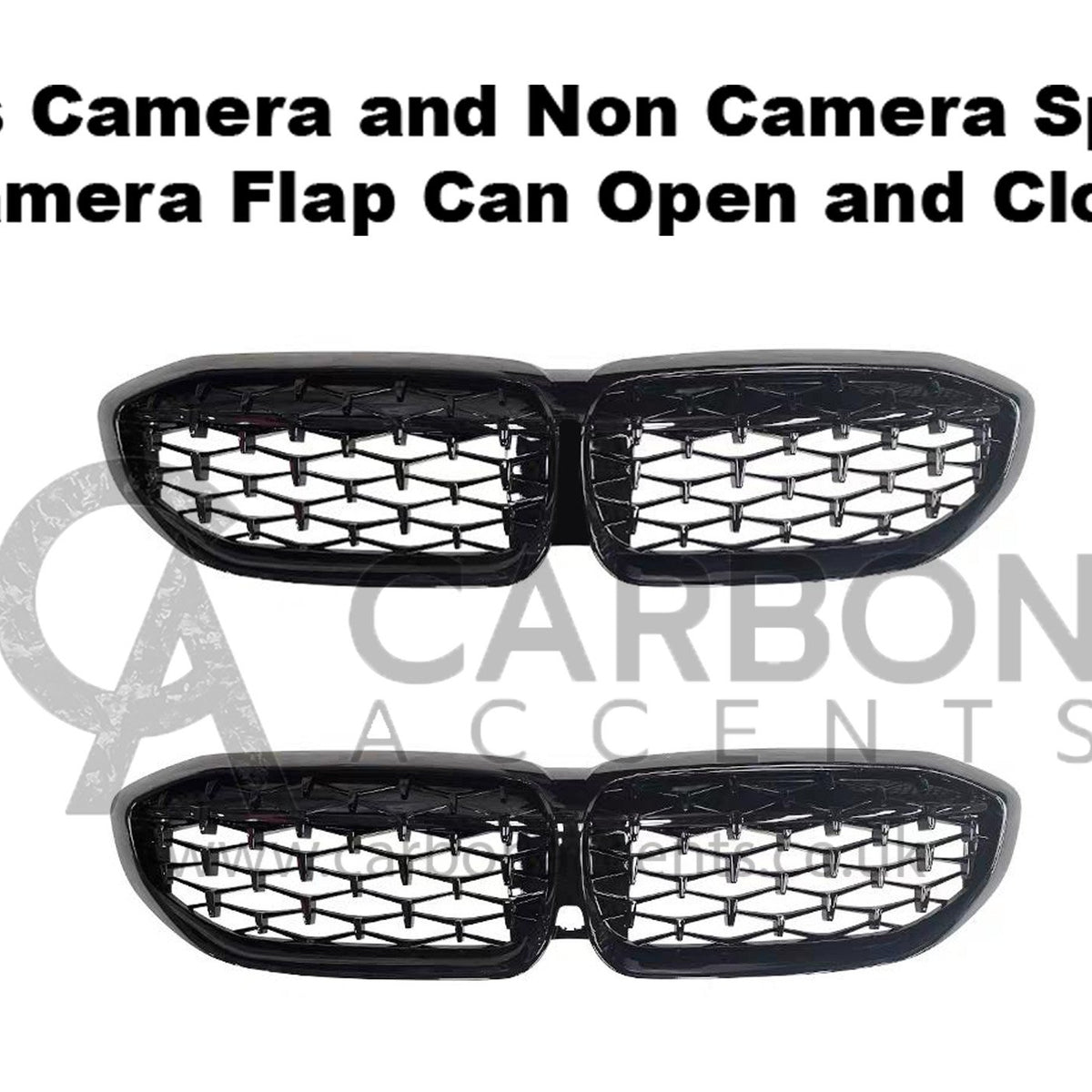 Grille inserts with crosshatch pattern are shown against a white background. Text reads, "Fits Camera and Non Camera Spec Camera Flap Can Open and Close," with "CARBON ACCENTS" logo beneath.