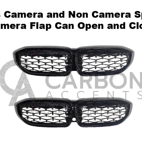 Grille inserts with crosshatch pattern are shown against a white background. Text reads, "Fits Camera and Non Camera Spec Camera Flap Can Open and Close," with "CARBON ACCENTS" logo beneath.
