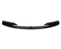 Black car front splitter with a glossy finish, featuring aerodynamic fins on both sides. It is isolated against a plain white background.