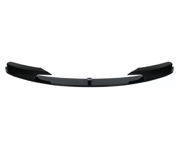 Black car front splitter with a glossy finish, featuring aerodynamic fins on both sides. It is isolated against a plain white background.