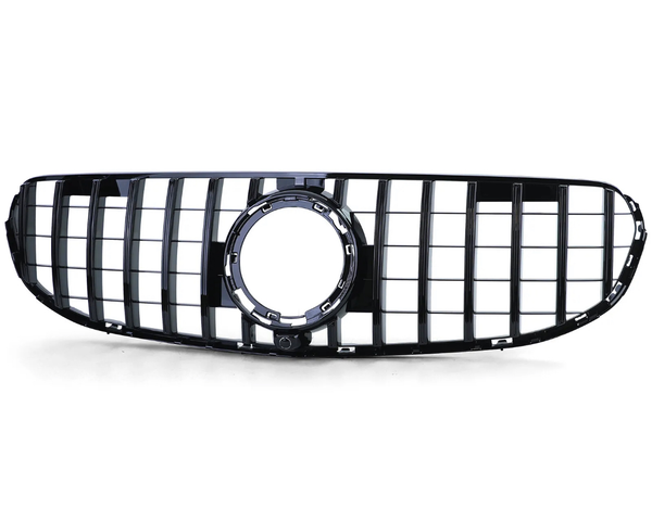 A black car grille features vertical and horizontal slats with a central circular emblem space. It is positioned against a plain white background.