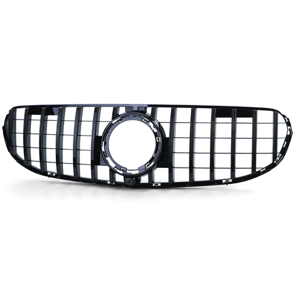 A black car grille features vertical and horizontal slats with a central circular emblem space. It is positioned against a plain white background.