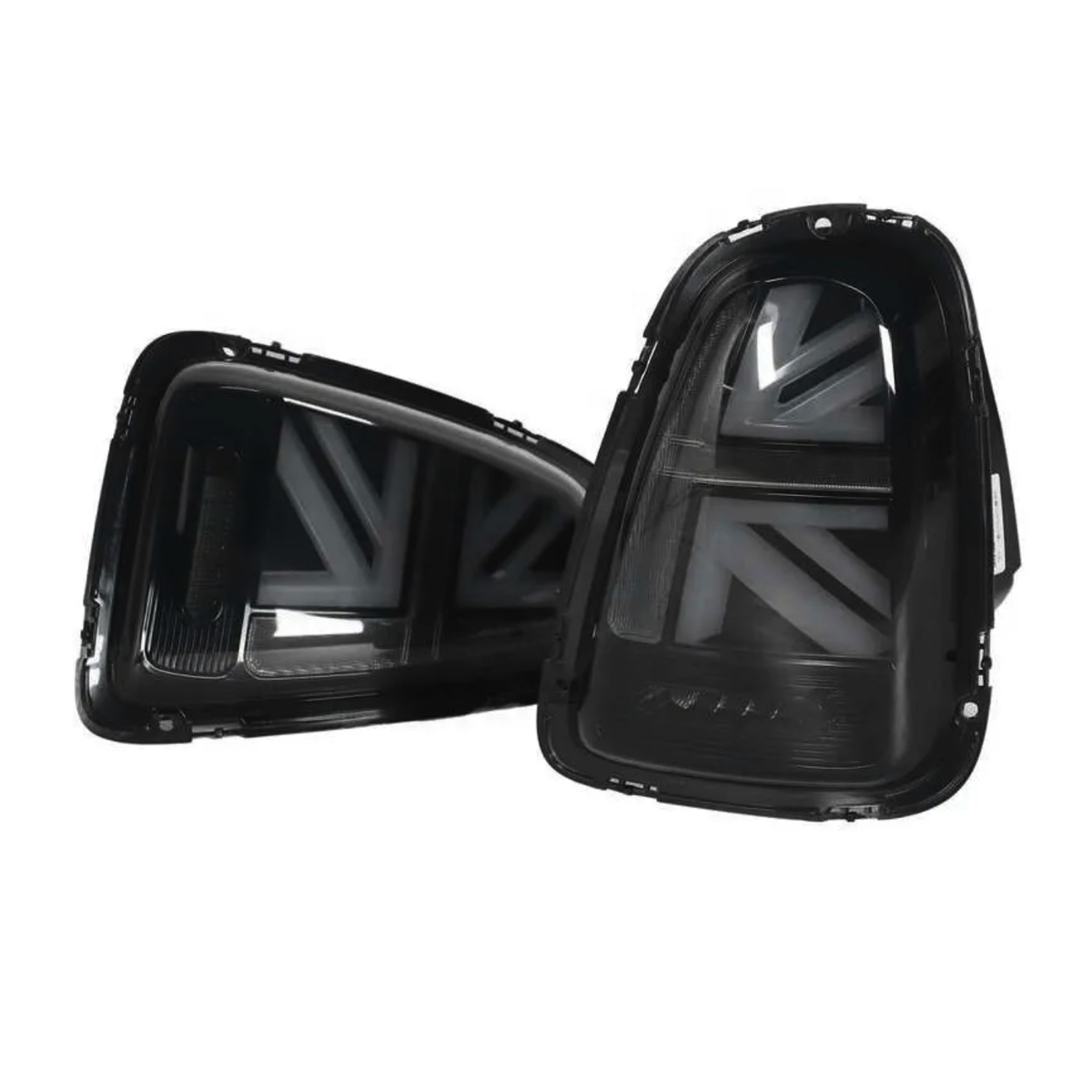 Two black automotive taillights with a stylized Union Jack pattern are positioned against a plain white background, emphasizing their design and details.