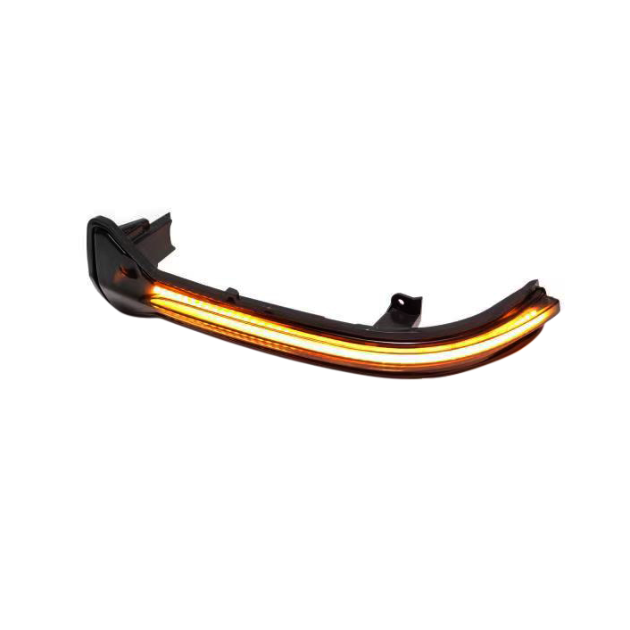 A curved, black car turn signal light with glowing amber LEDs is isolated on a white background, showcasing its illuminated state and sleek design.