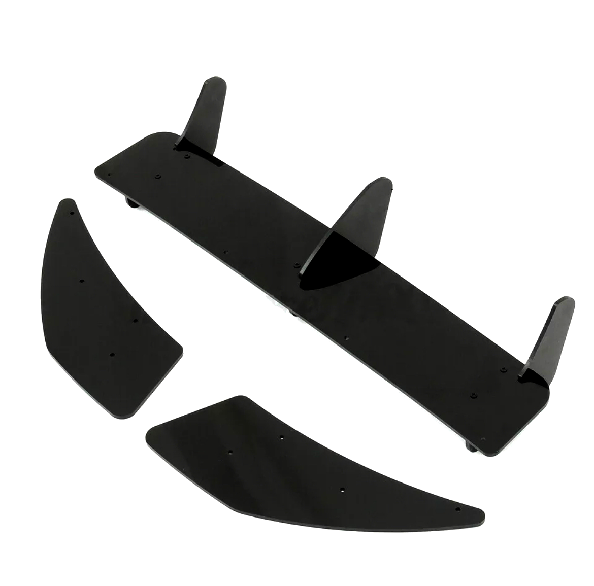 A black car rear diffuser with three vertical fins, separated into one long center piece and two curved side pieces, displayed on a plain white background.