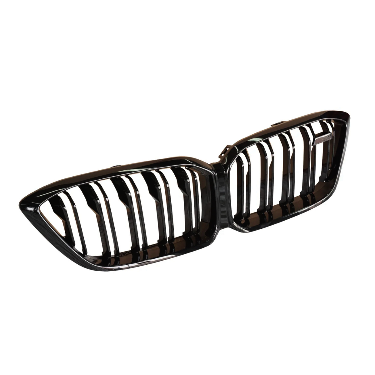 A black, dual-segment car grille featuring vertical slats. It's positioned against a plain white background, highlighting its sleek, glossy finish and symmetrical design.