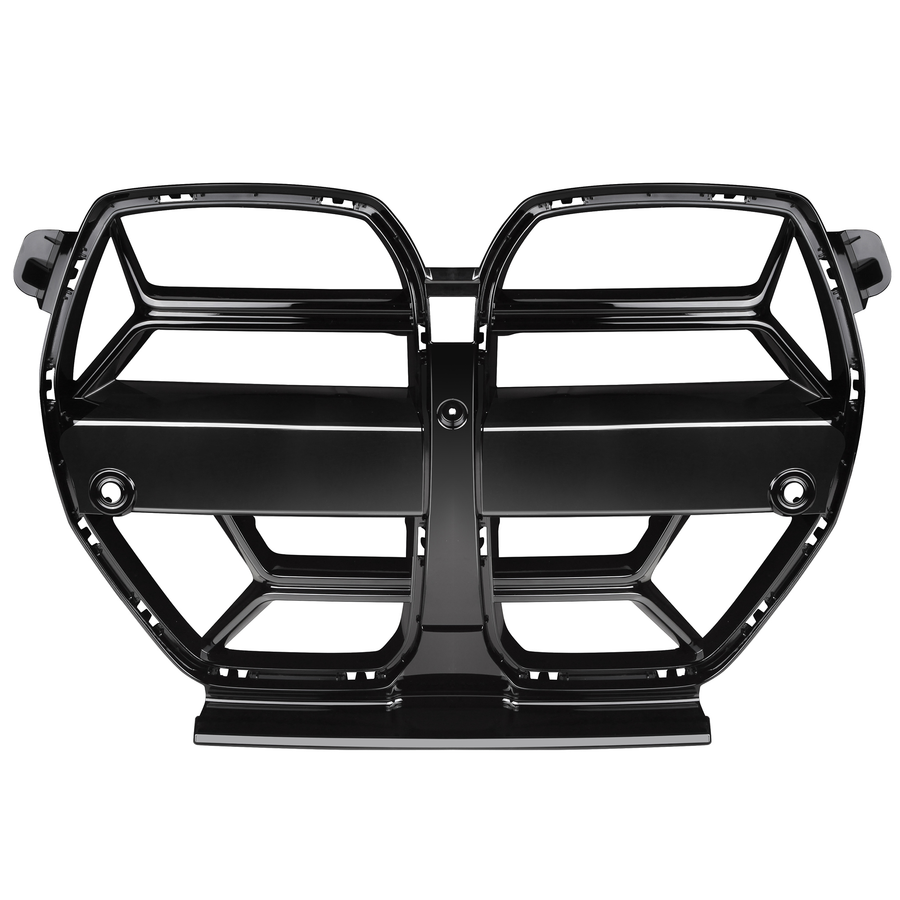 A glossy black car grille featuring a distinctive double kidney design with multiple sections divided by horizontal and vertical bars, set against a plain white background.