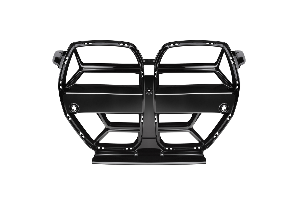 A glossy black car grille featuring a distinctive double kidney design with multiple sections divided by horizontal and vertical bars, set against a plain white background.