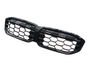 A dual-section car grille features a black hexagonal mesh design, positioned on a white background, suggesting automotive use.