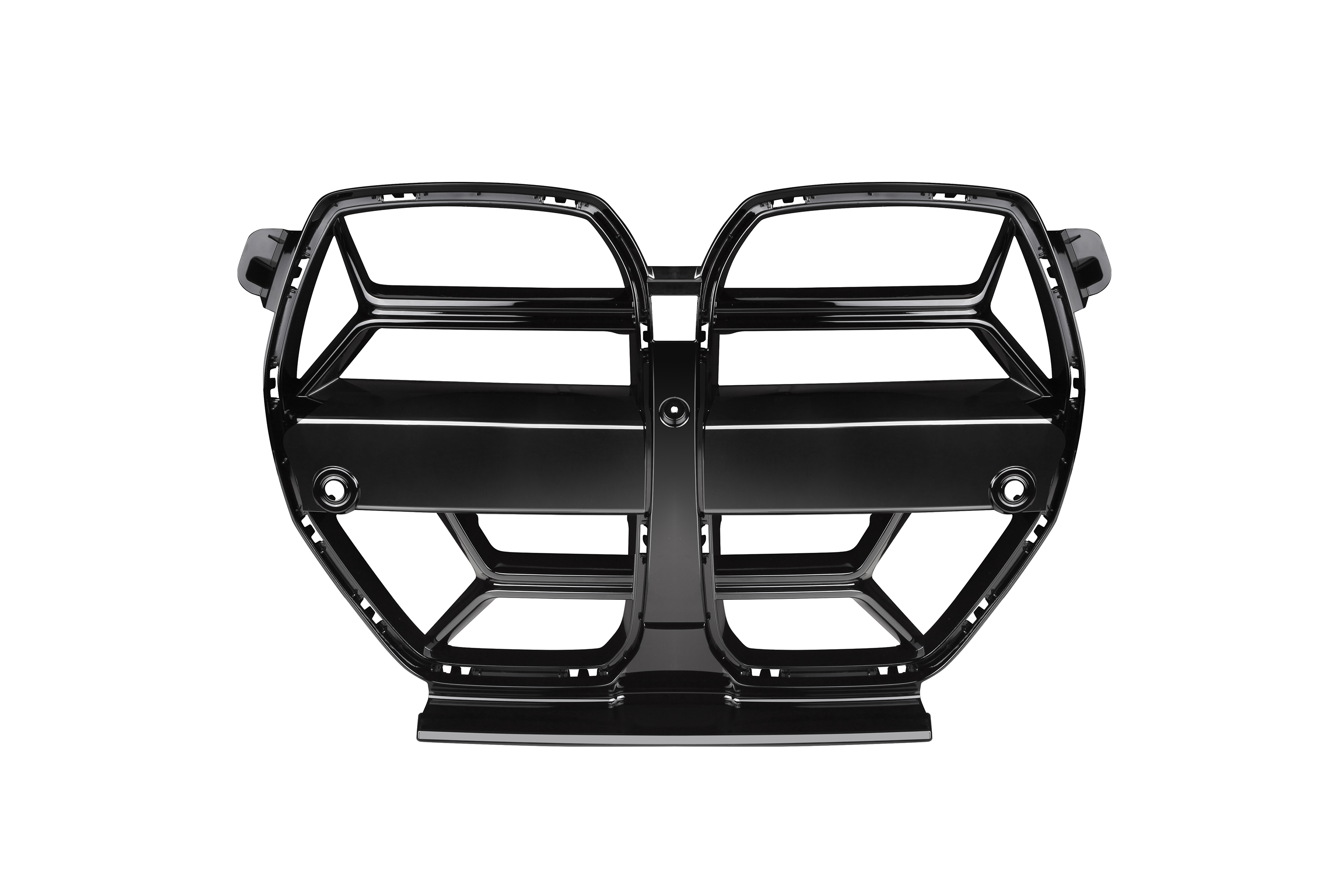 A black, shiny car grille, featuring a symmetrical design with thick horizontal bars and openings, set against a plain white background.
