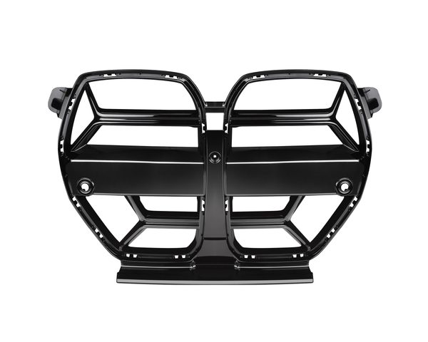 A black, shiny car grille, featuring a symmetrical design with thick horizontal bars and openings, set against a plain white background.
