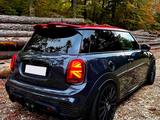 A dark-colored Mini Cooper with Union Jack tail lights is parked on a gravel path. Stacks of logs and autumn trees form the forested backdrop.