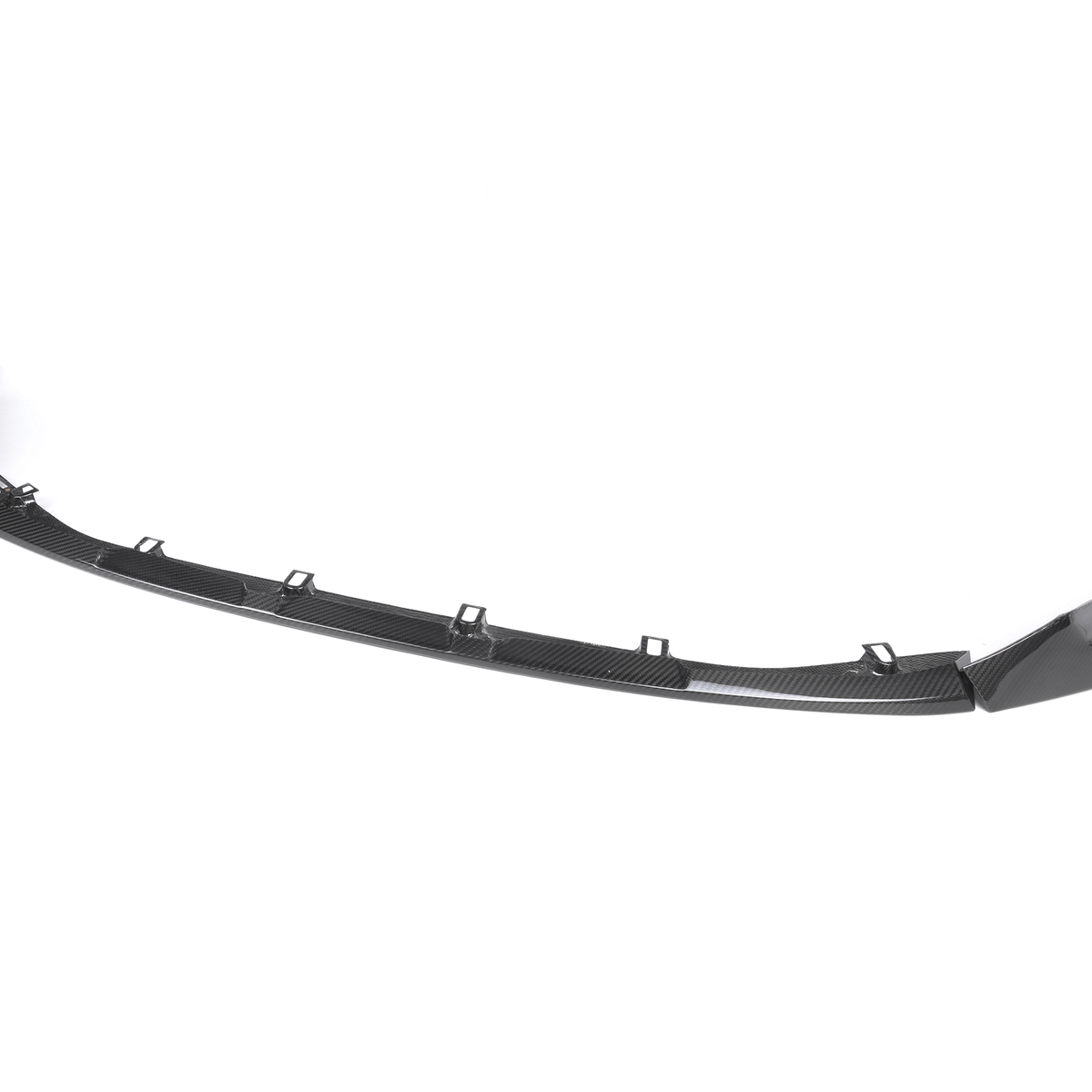 A glossy black car front splitter with mounting brackets displayed on a plain white background, showing its curved design and aerodynamic features.