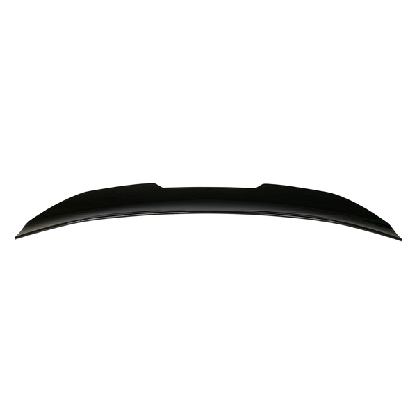 A black car spoiler lies on a plain white background, showcasing a sleek, aerodynamic design with slight curvature at its edges.