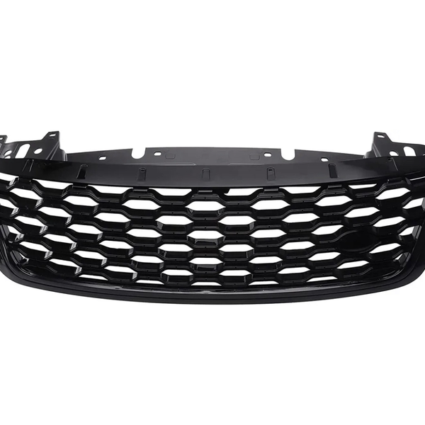 A black car grille with a honeycomb pattern is displayed against a plain white background, showcasing its sleek design and mounting points.