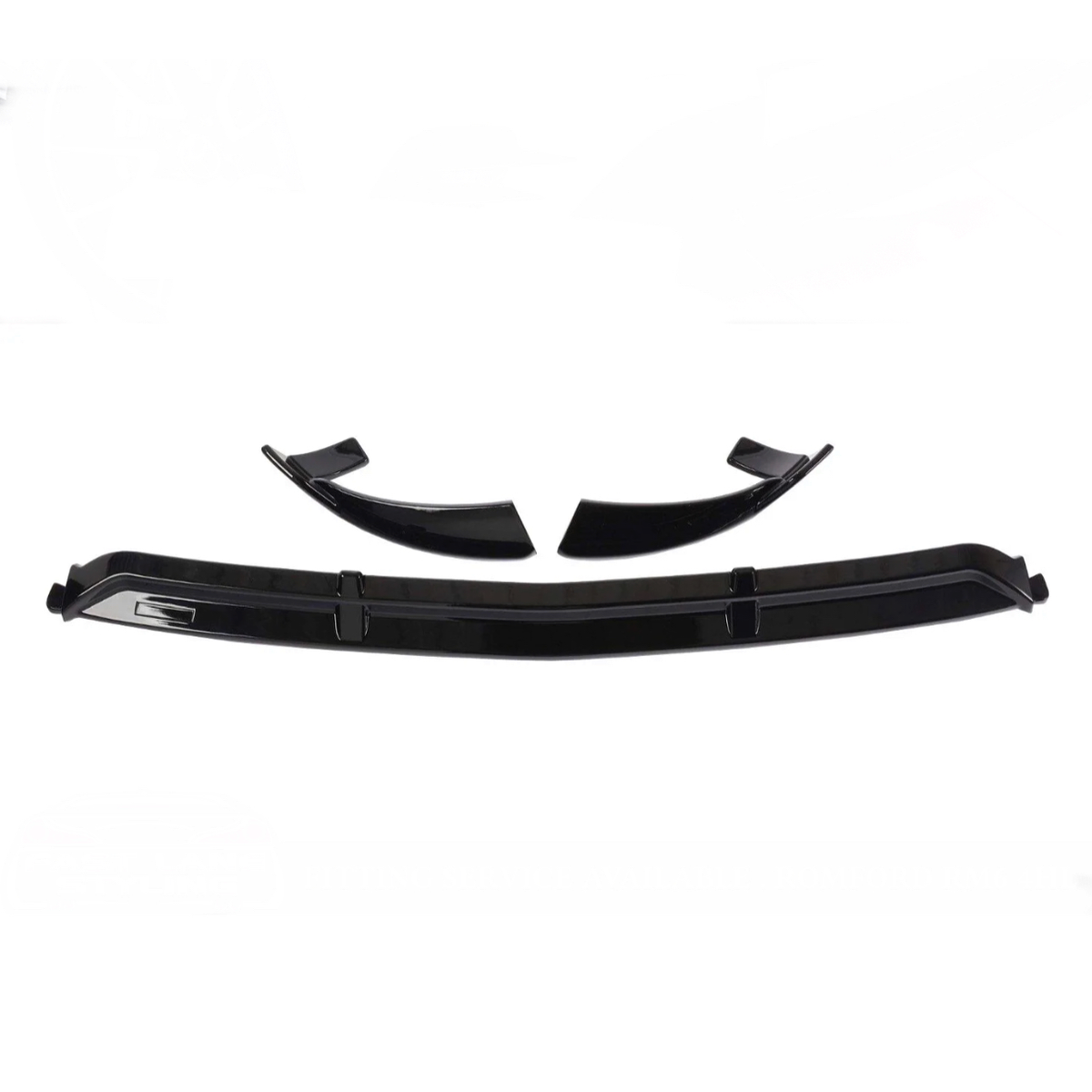 Black car spoiler parts are arranged on a white background, displaying four pieces including two curved segments and a long, straight piece, all designed for vehicle modification.