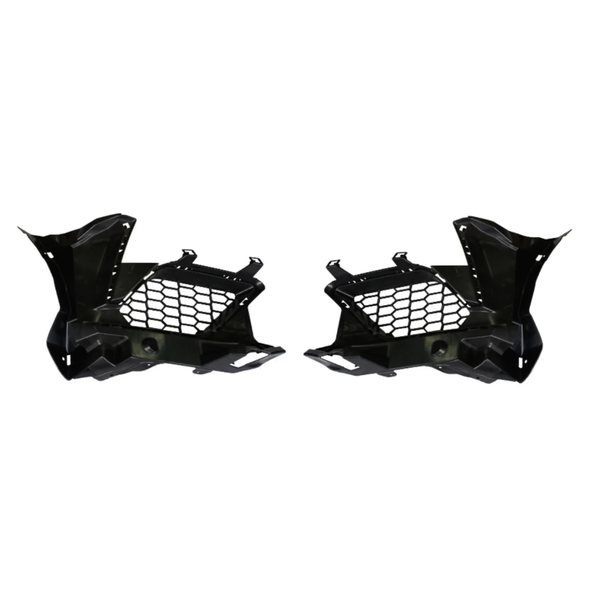 Two black metal brackets with honeycomb-patterned sections, positioned symmetrically facing each other, likely used in automotive assemblies, set against a plain white background.