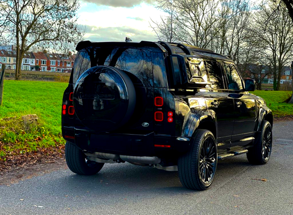 A black SUV is parked on a quiet road, with a grassy area and leafless trees surrounding it. Text "DEFENDER" is visible on the spare tire cover.