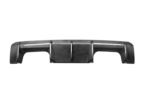 Carbon fiber car rear diffuser, featuring a glossy, woven pattern, lies flat in a white background, displaying sleek contours and aerodynamic design elements.