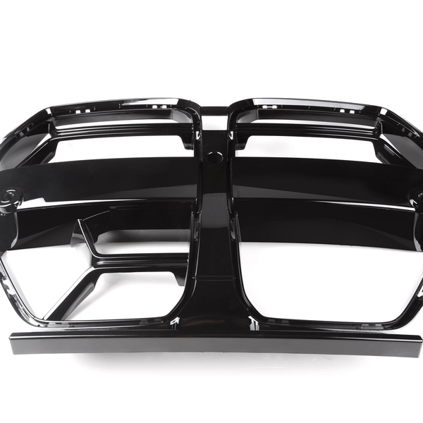 Black car grille positioned horizontally, with two distinct parallel openings, placed against a plain white background.