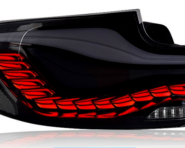 A car taillight with a sleek black design emits red light, featuring multiple illuminated segments. Blue label reads "OLED," highlighting advanced lighting technology against a white background.