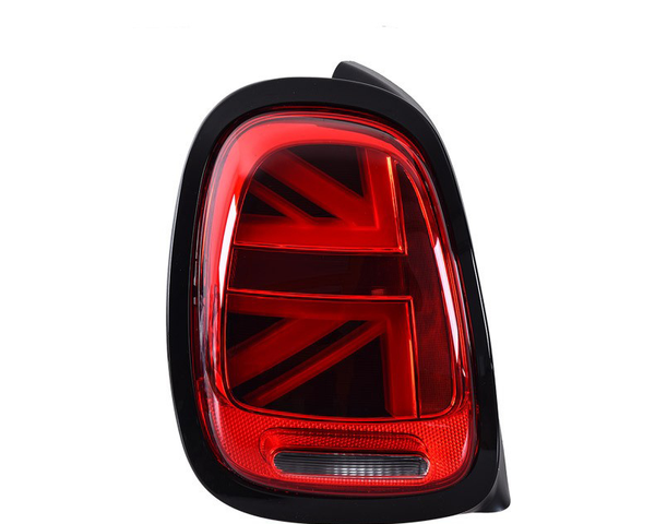 A red car taillight featuring a pattern resembling the Union Jack, displayed against a plain white background.