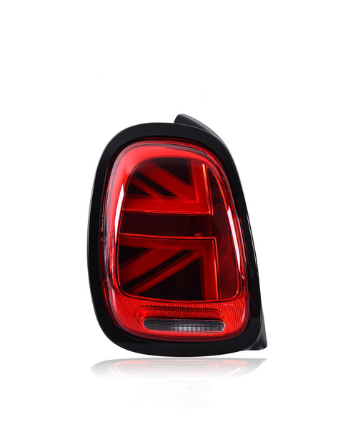 A red car taillight featuring a pattern resembling the Union Jack, displayed against a plain white background.
