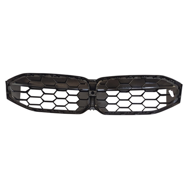A black, hexagonal plastic car grille lies flat, segmented into two connected sections. It appears unused, positioned against a plain white background.