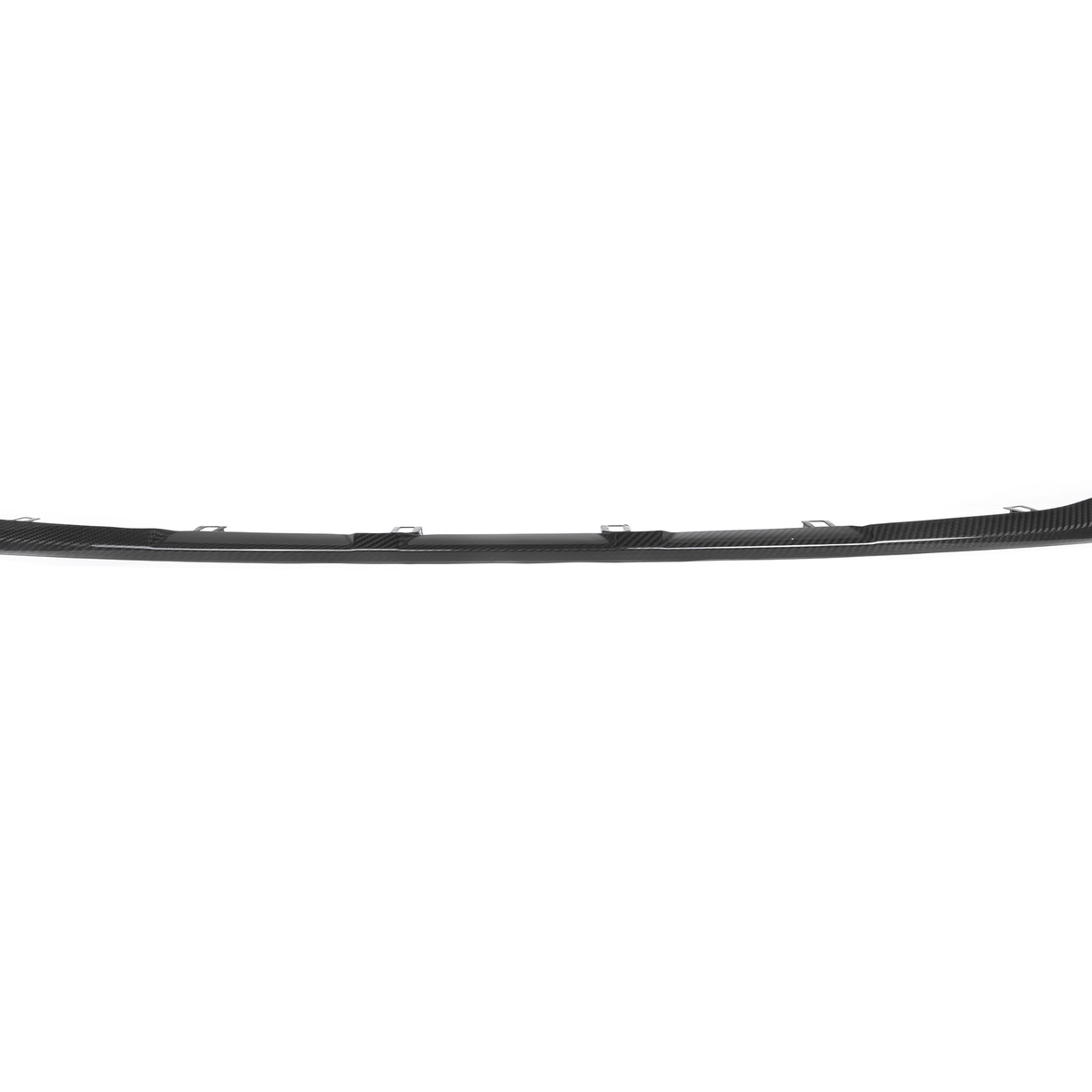 A black, slightly curved car front lip spoiler lies on a plain white background, designed for aerodynamic enhancement and aesthetic appeal.