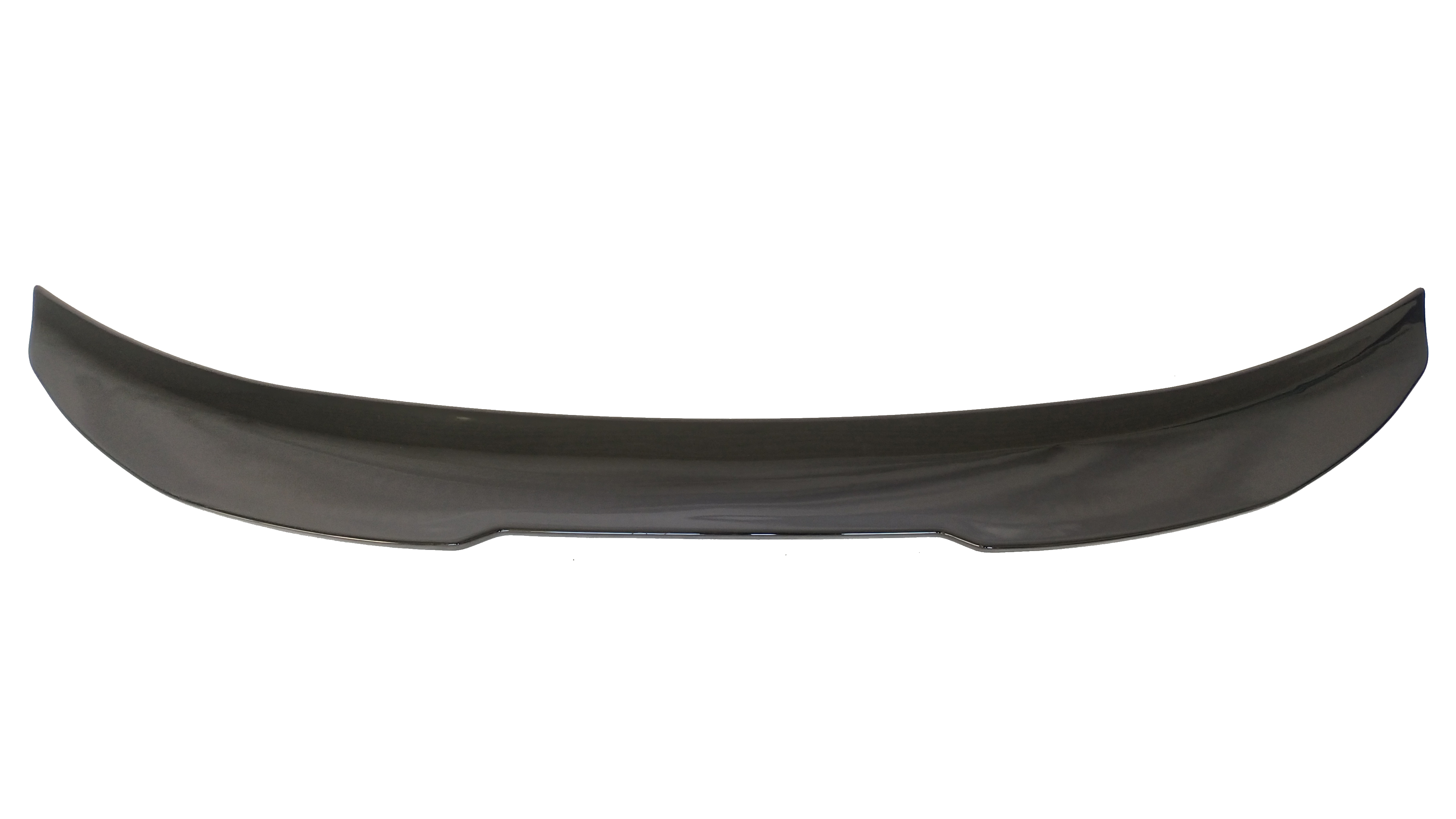 A sleek, black car spoiler with a curved design rests against a plain white background, emphasizing its aerodynamic shape and glossy finish.