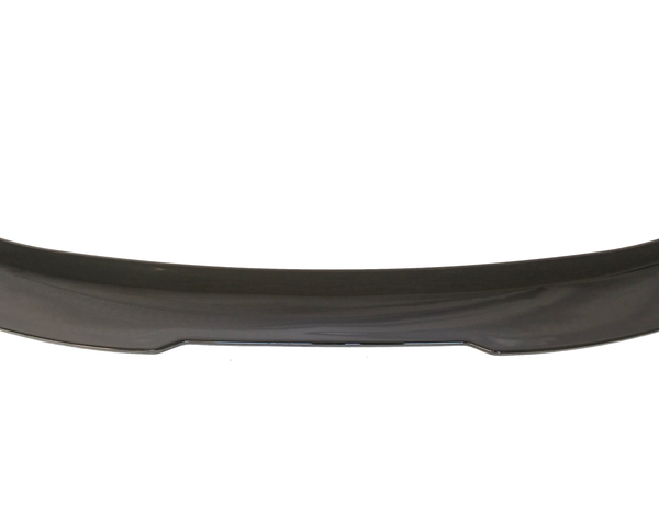 A sleek, black car spoiler with a curved design rests against a plain white background, emphasizing its aerodynamic shape and glossy finish.